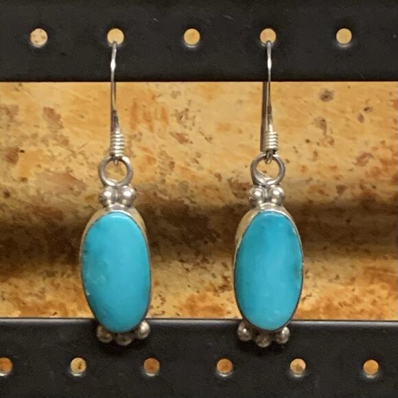 Vintage Sterling Silver and Turquoise Oval Shape Dangle Earrings - Picture 1 of 7